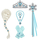 Elsa Cosplay Costume Set with Princess Dress, Gloves, Crown, Wand, Jewelry, Wig, Necklace, Braid