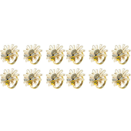 Sunflower and Daisy Napkin Rings Set of 12 Gold Bee Design for Formal and Casual Dining