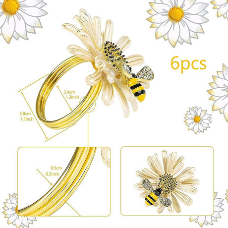 Sunflower and Daisy Napkin Rings Set of 12 Gold Bee Design for Formal and Casual Dining