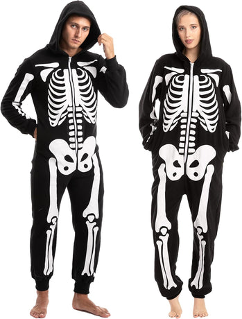 Skeleton Onesie Pajamas Black XL Unisex Halloween Costume Plush Jumpsuit Sleepwear