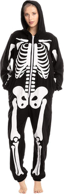 Skeleton Onesie Pajamas Black XL Unisex Halloween Costume Plush Jumpsuit Sleepwear