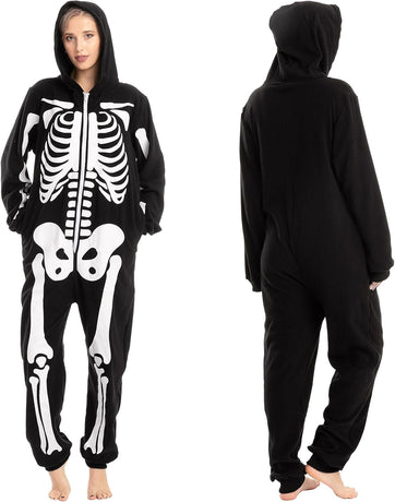 Skeleton Onesie Pajamas Black XL Unisex Halloween Costume Plush Jumpsuit Sleepwear