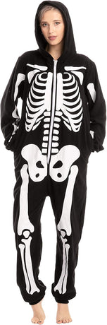 Skeleton Hoodie Onesie Pajamas for Adults - Black L - Plush Skeleton Jumpsuit with Zipper Costume \u0026 Sleepwear