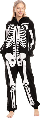 Skeleton Hoodie Onesie Pajamas for Adults - Black L - Plush Skeleton Jumpsuit with Zipper Costume \u0026 Sleepwear