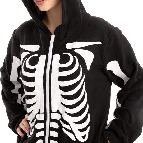 Skeleton Hoodie Onesie Pajamas for Adults - Black L - Plush Skeleton Jumpsuit with Zipper Costume \u0026 Sleepwear