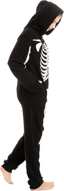 Skeleton Hoodie Onesie Pajamas for Adults - Black L - Plush Skeleton Jumpsuit with Zipper Costume \u0026 Sleepwear