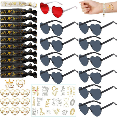 Heart Shaped Sunglasses Set with Bracelet and Tattoo Stickers in Black for Bride to Be Accessories