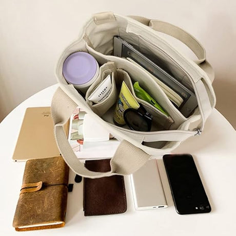 Canvas Handmade Tote Bag with Zipper and Compartments, Black Small Size, Multifunctional Satchel for Women, University, School, Work, and Travel