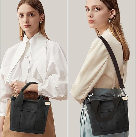 Canvas Handmade Tote Bag with Zipper and Compartments, Black Small Size, Multifunctional Satchel for Women, University, School, Work, and Travel