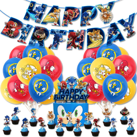 Sonic Birthday Party Decorations Set Cartoon Accordion Flag Insert Balloons Theme Decor with Balloons