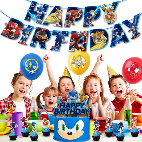 Sonic Birthday Party Decorations Set Cartoon Accordion Flag Insert Balloons Theme Decor with Balloons