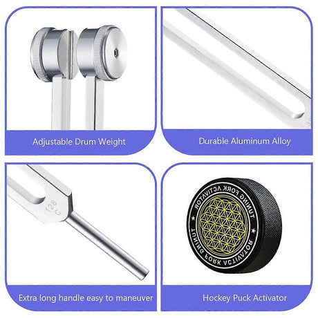 Healing Tuning Forks Set with 128Hz 136.1Hz 256Hz 384Hz Frequencies and Hockey Puck Activator for Chakra Sound Therapy