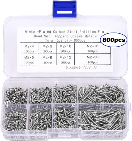 M2 Self Tapping Screws Assortment 800pcs, Phillips Flat Head Countersunk Wood Screws for DIY Projects, M2 4mm 5mm 6mm 8mm 10mm 12mm 16mm 20mm