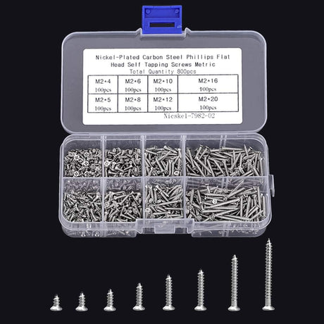 M2 Self Tapping Screws Assortment 800pcs, Phillips Flat Head Countersunk Wood Screws for DIY Projects, M2 4mm 5mm 6mm 8mm 10mm 12mm 16mm 20mm