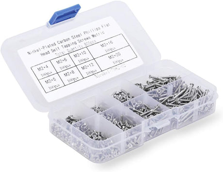 M2 Self Tapping Screws Assortment 800pcs, Phillips Flat Head Countersunk Wood Screws for DIY Projects, M2 4mm 5mm 6mm 8mm 10mm 12mm 16mm 20mm