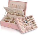 Pink Jewelry Organizer Large 3-Layer Stackable PU Leather Box for Necklaces Earrings Bracelets Rings Pink