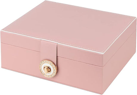Pink Jewelry Organizer Large 3-Layer Stackable PU Leather Box for Necklaces Earrings Bracelets Rings Pink