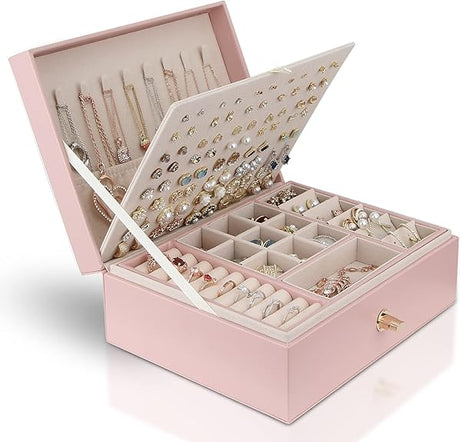 Pink Jewelry Organizer Large 3-Layer Stackable PU Leather Box for Necklaces Earrings Bracelets Rings Pink