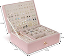 Pink Jewelry Organizer Large 3-Layer Stackable PU Leather Box for Necklaces Earrings Bracelets Rings Pink