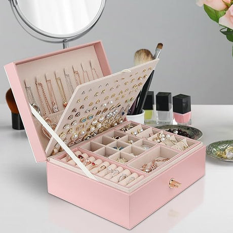 Pink Jewelry Organizer Large 3-Layer Stackable PU Leather Box for Necklaces Earrings Bracelets Rings Pink