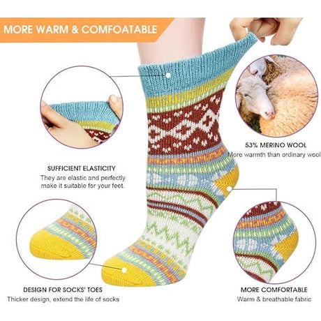 Merino Wool Socks for Hiking Backpacking Winter Women's 5 Pairs Thermal Knitting Socks Red Brown Green Blue Dark Blue