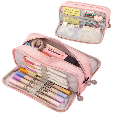 Pencil Case Large Capacity 3 Compartments School Bag Pink