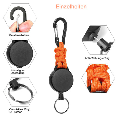 Retractable Key Rings Carabiner with 60cm Steel Cable and Key Ring 170g-200g Tensile Strength 3-Pack