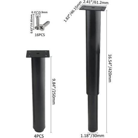 Adjustable Metal Furniture Legs (25-42 cm) - Set of 4, Black