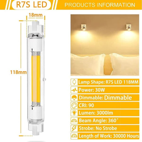2 Pcs R7s 118mm 30W Dimmable LED Bulb Warm White 3000K Flicker Free