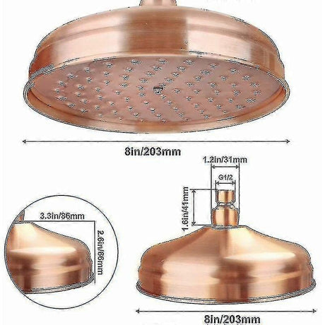 Copper High Pressure Rain Shower Head 20cm 8 Inch Adjustable Angle Fixed Mount Gold