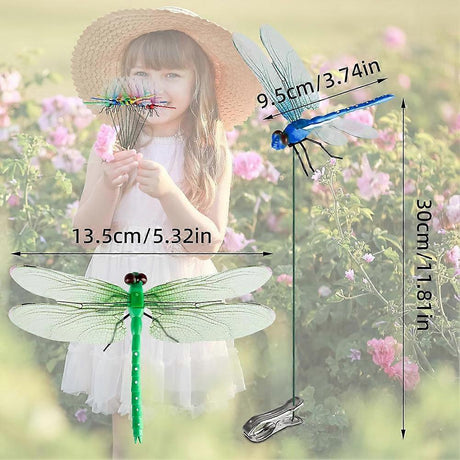 12pcs 3D Artificial Dragonfly Clips for Outdoor Garden Decor Gardening