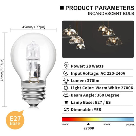 E27 Halogen Bulbs 6-Pack, 28W G45 Dimmable Warm White 2700K Golf Ball Clear Blub, Compatible with Chandeliers