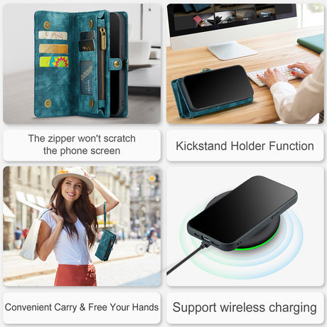 Samsung Galaxy S25 Leather Magnetic Zipper Wallet Case 2-in-1 Detachable Flip Cover with Card Holder Compatible with iPhone 16 Black
