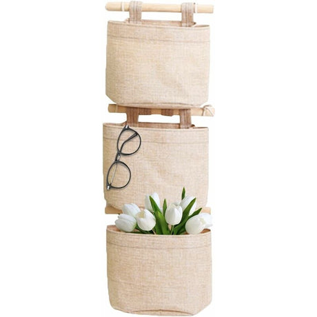 3 Layer Hanging Storage Bag with Pockets Wall Door Organizer for Bedroom Bathroom Cotton Linen Canvas