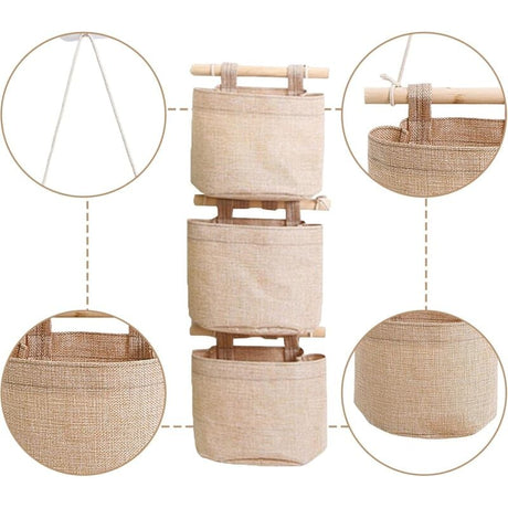 3 Layer Hanging Storage Bag with Pockets Wall Door Organizer for Bedroom Bathroom Cotton Linen Canvas