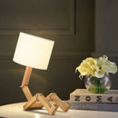 Adjustable Creative Robot Desk Lamp with Fabric Lampshade E27 Screw, Wooden Bedside Lamp for Decorative Lighting