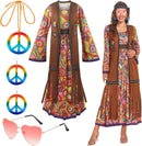 60s Hippie Dress Set for Women, 70s Disco Halloween Costume Outfit with Accessories