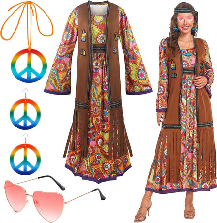 60s Hippie Dress Set for Women, 70s Disco Halloween Costume Outfit with Accessories