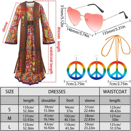 60s Hippie Dress Set for Women, 70s Disco Halloween Costume Outfit with Accessories