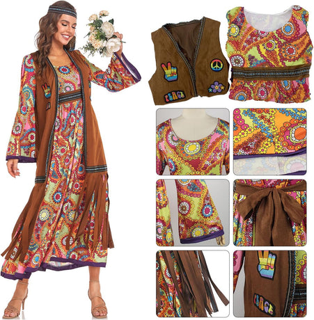 60s Hippie Dress Set for Women, 70s Disco Halloween Costume Outfit with Accessories
