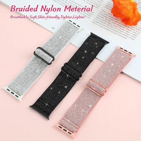 Stretchy Nylon Compatible with Apple Watch Bands 38mm 40mm 41mm Adjustable Solo Loop Sport Band for Women Men 3-Pack