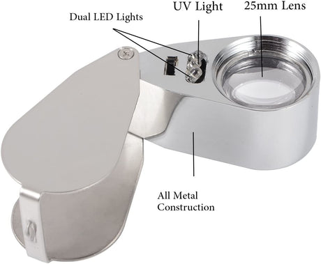 LED UV Jewelers Loupe 40X Magnification Foldable Metal