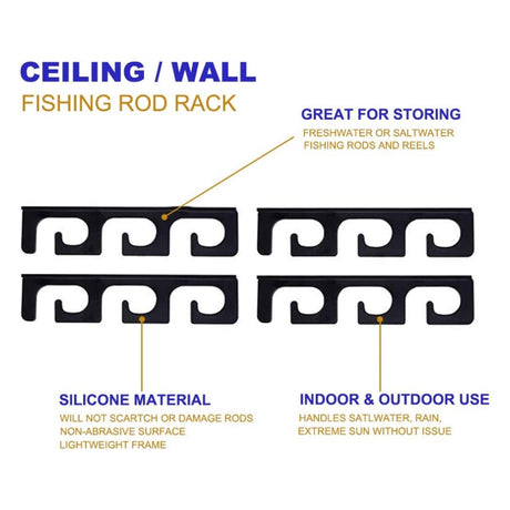 Fishing Rod Holders for Wall and Ceiling, Set of 6, 0.46 Size, Black, Garage Storage