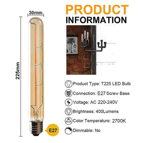 LED Edison Filament Bulbs 6W E27 Warm White 5-Pack T225 Long Tube Design Yellow Glass