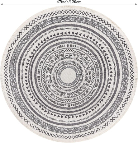 Moroccan Style Grey Round Woven Cotton Washable Absorbent Rug 120cm with Fringes
