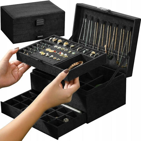Black Jewelry Box with Key Lock, Multiple Compartments, Compatible with Yux