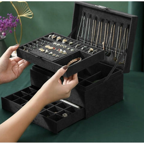 Black Jewelry Box with Key Lock, Multiple Compartments, Compatible with Yux