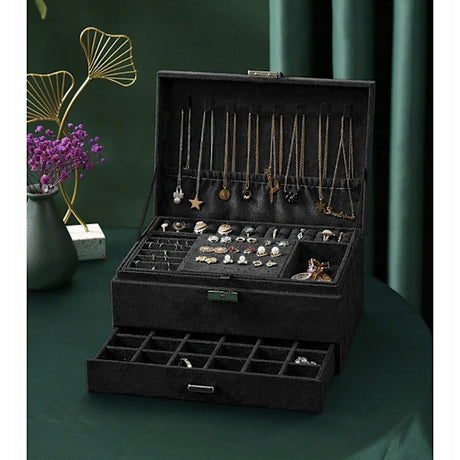 Black Jewelry Box with Key Lock, Multiple Compartments, Compatible with Yux