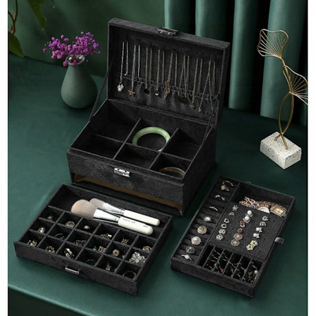Black Jewelry Box with Key Lock, Multiple Compartments, Compatible with Yux