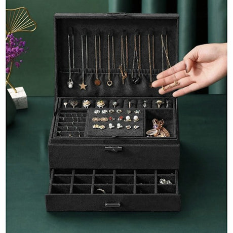 Black Jewelry Box with Key Lock, Multiple Compartments, Compatible with Yux